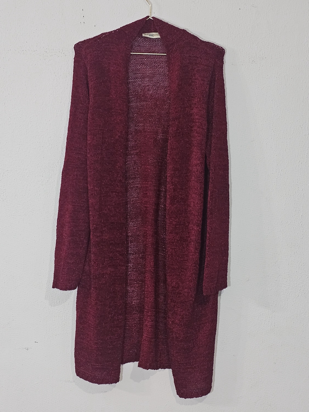 TravelSmith Women's Large Long Duster Cardigan Sweater Burgundy Open Front Knit